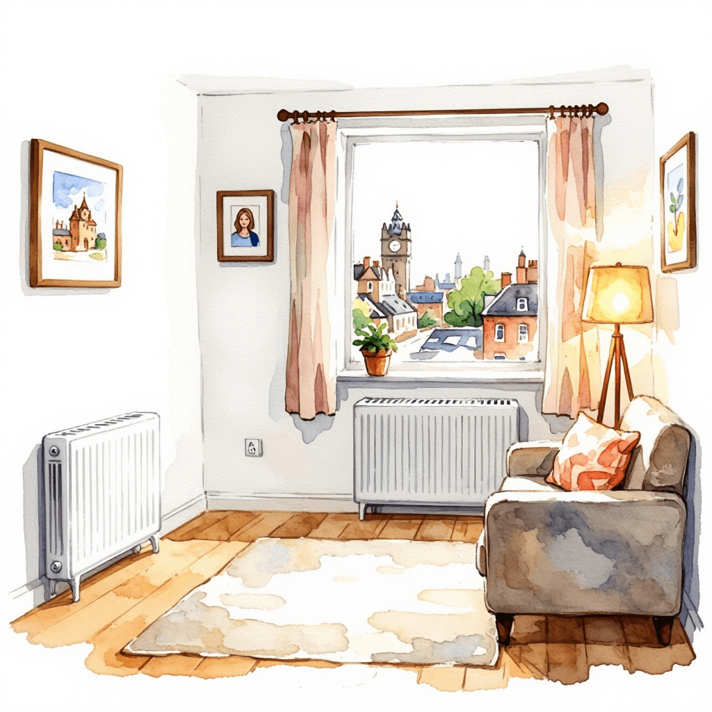 cozy Scottish living room with modern radiators and warm lighting, Edinburgh or Glasgow cityscape visible through window, comfortable family home interior