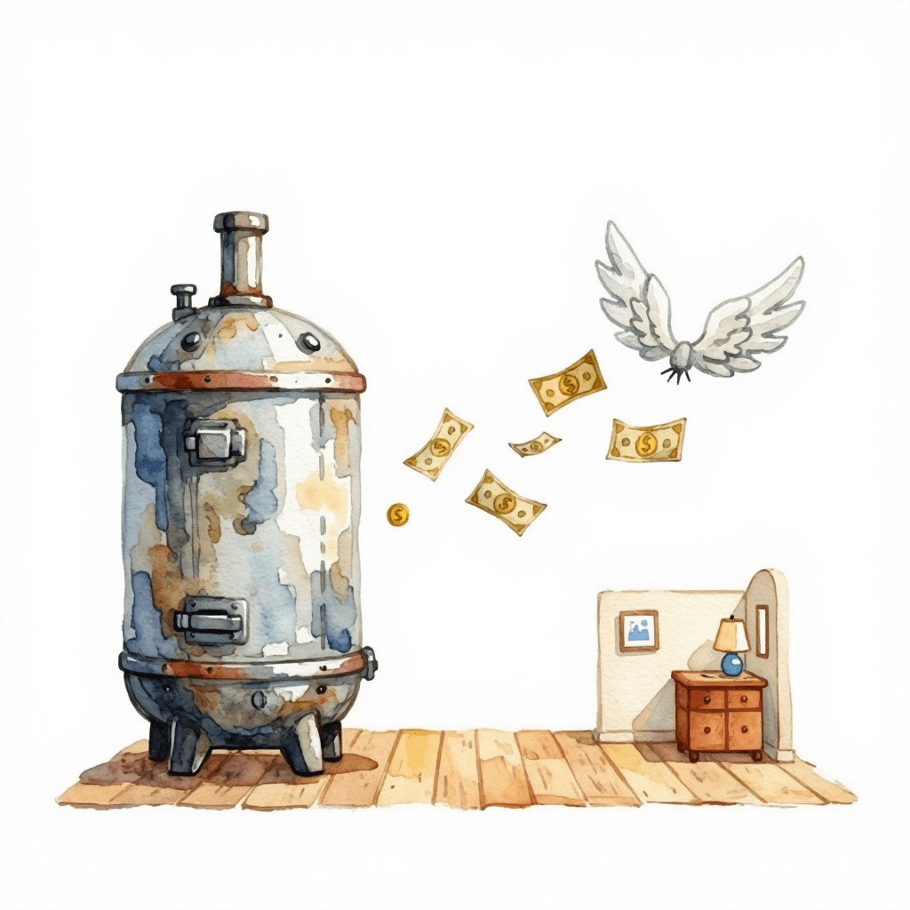illustration of money with wings flying away from a giant oversized boiler in a small room, cartoon style, concept of waste