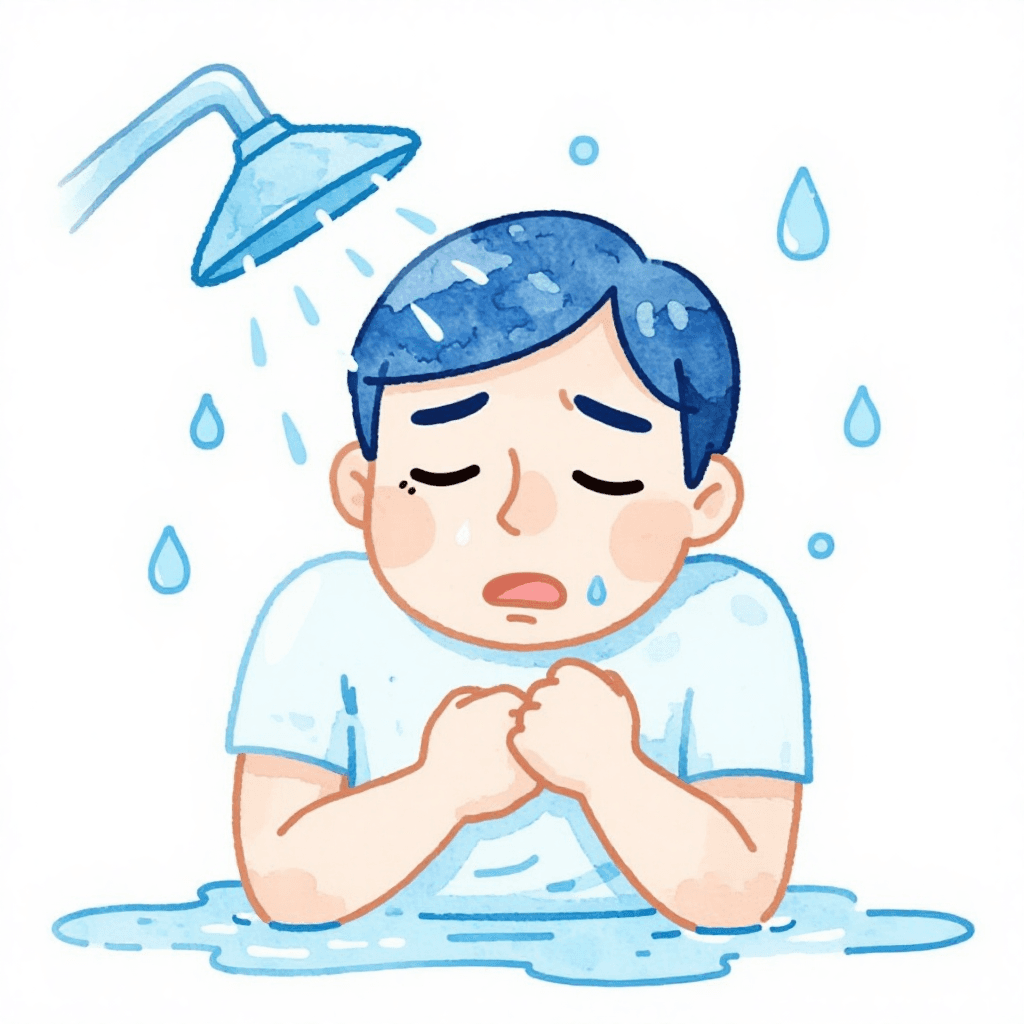 illustration of a person shivering in a cold shower, cartoon style, blue tones, uncomfortable expression