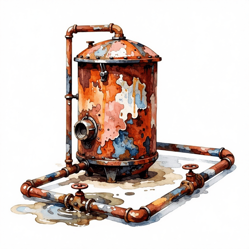 draining an old rusty boiler into a puddle of water