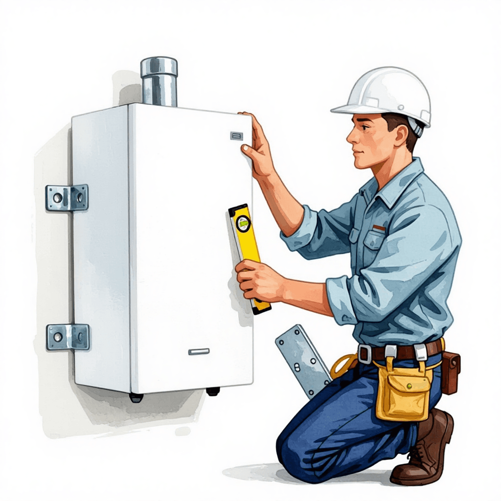 engineer mounting new boiler on wall with precision level and brackets