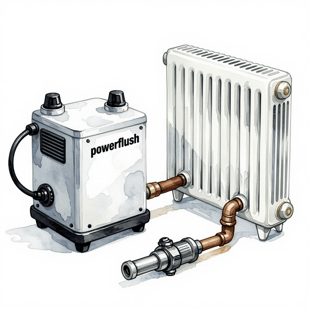 powerflush machine connected to radiator system clearing sludge