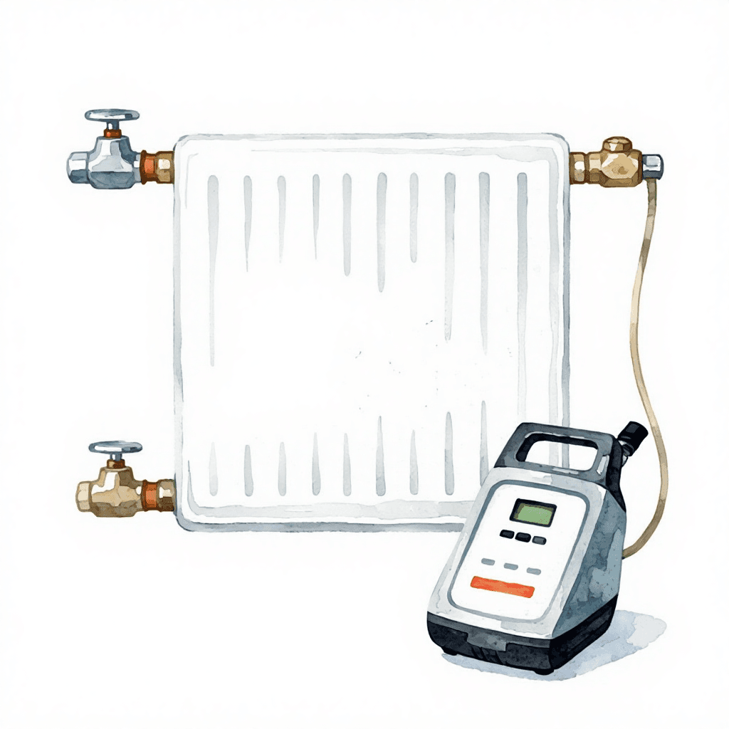 a radiator with a powerflush cleaning device connected to one of the valves, NO TEXT NO TEXT