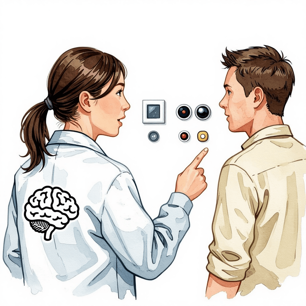 female engineer showing homeowner the new boiler controls, brain logo on the jacket, plain hair